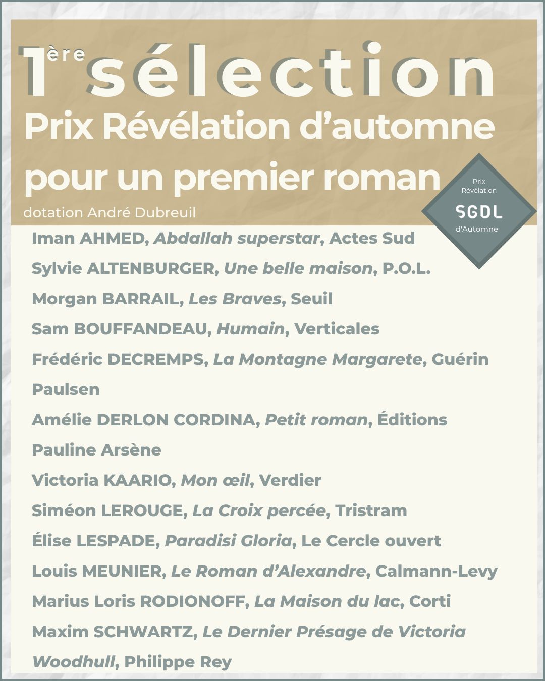 [PRIX] La sélection du Prix Révélation d'automne du 1er roman_SGDL
